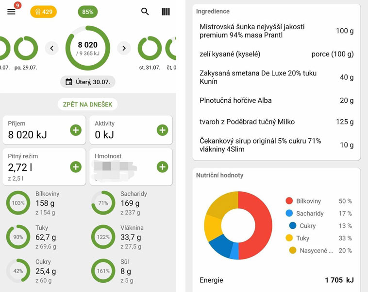 Zápis jednoho dne (vlevo) a ingredience k receptu oblíbené pomazánky.