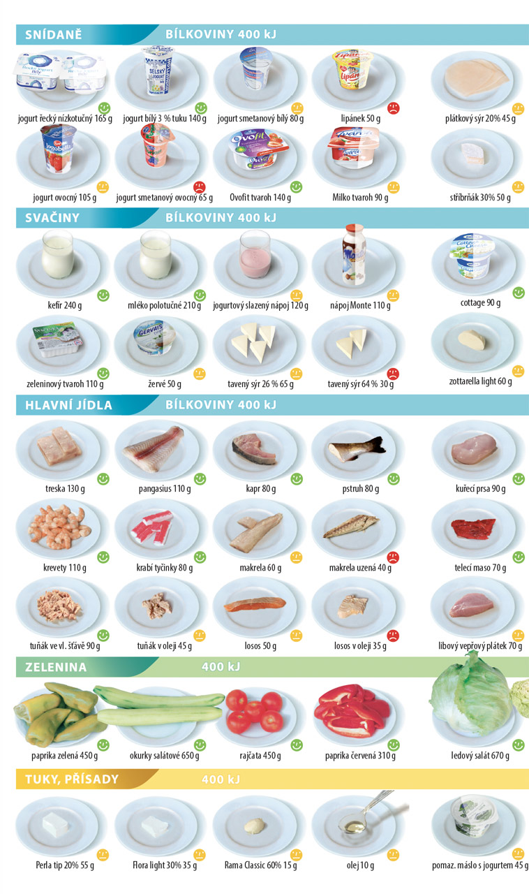 Ukázkové talířky se 400 kJ najdete ve stobové brožuře Talířky, díky které si můžete jednoduše sestavit optimální jídelníček nebo názorně vidíte, jak můžete příjem navyšovat.